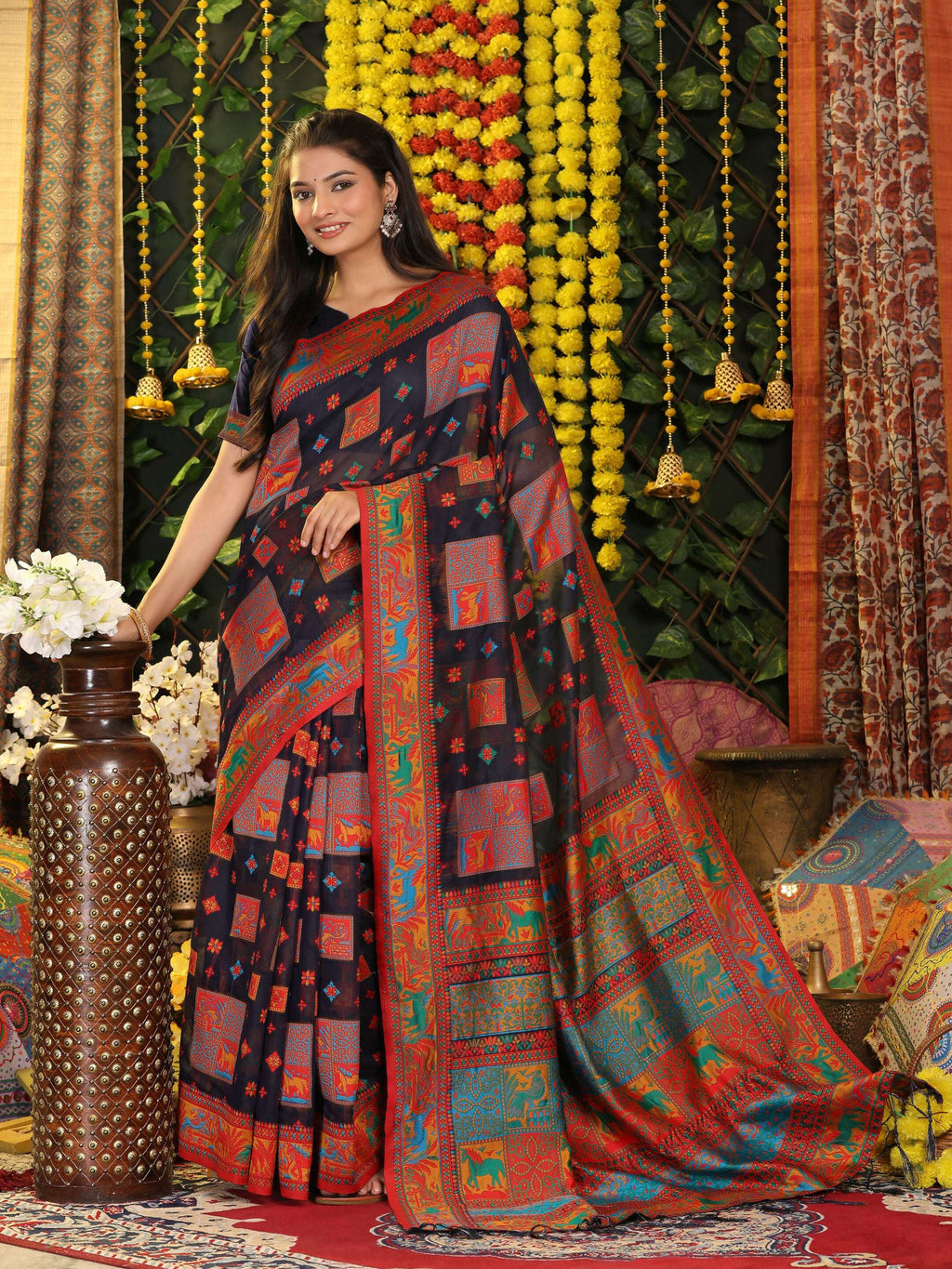 Classic Navy Blue Linen Cotton Saree for professional and casual ethnic settings.