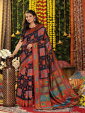 Classic Navy Blue Linen Cotton Saree for professional and casual ethnic settings.
