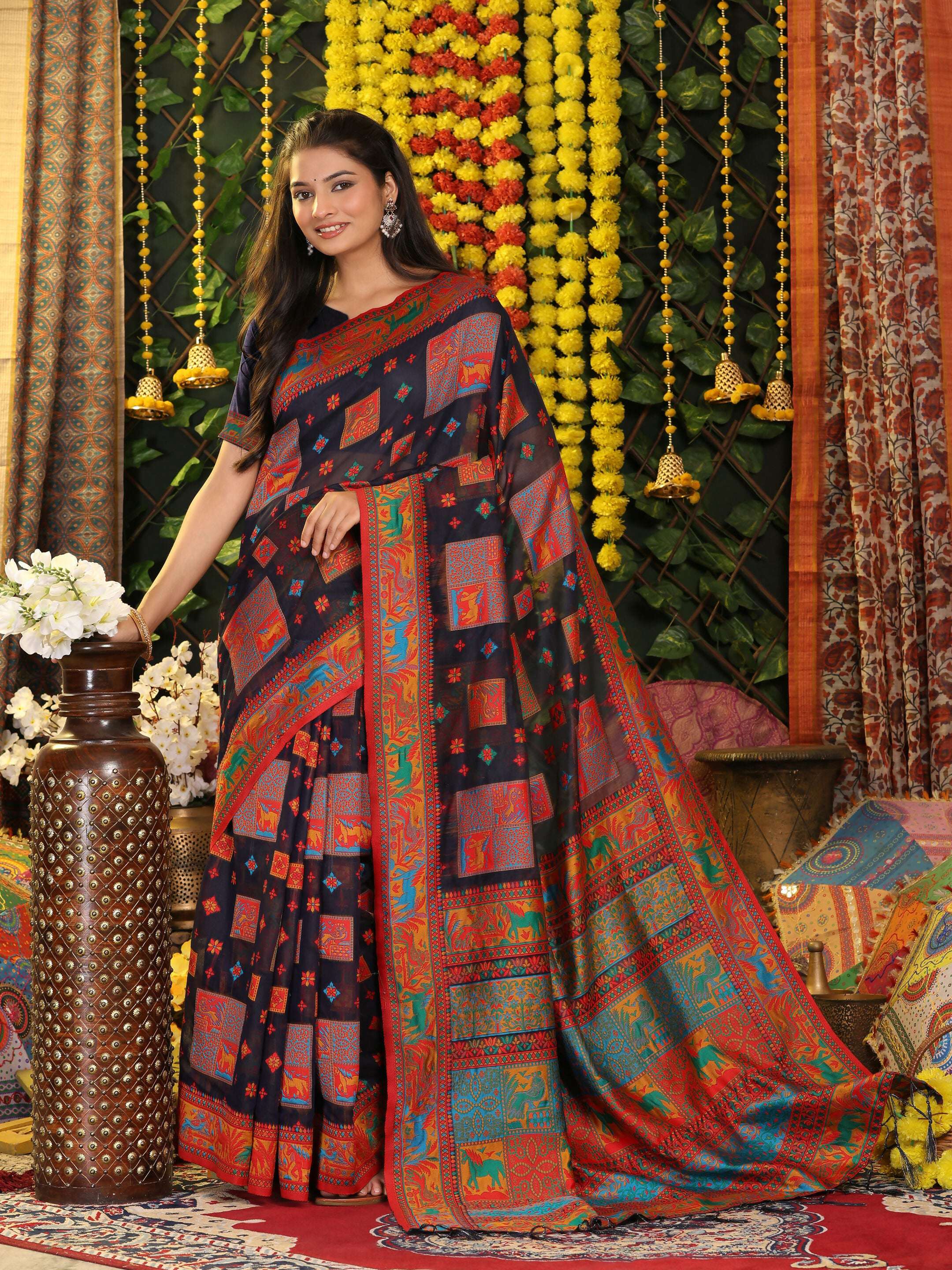 Classic Navy Blue Linen Cotton Saree for professional and casual ethnic settings.
