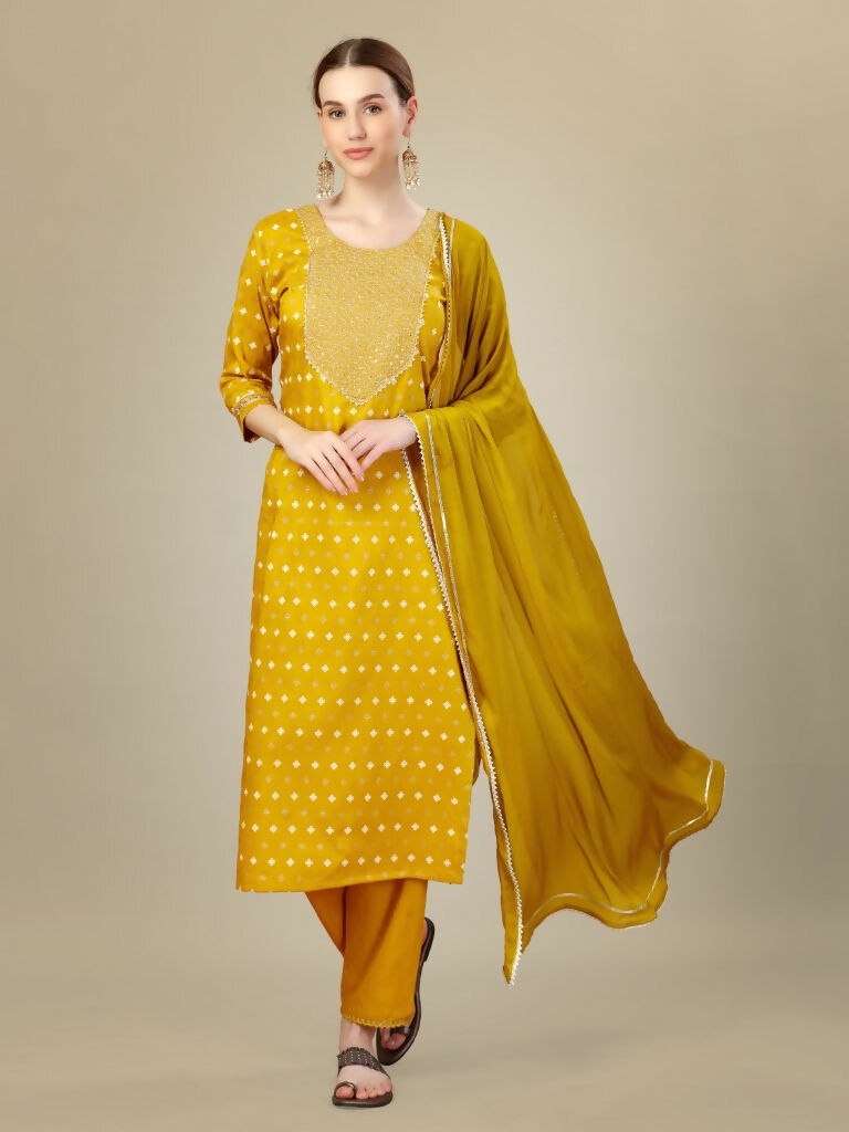 Golden Silk Blend Straight Kurta with Trouser and Dupatta Set