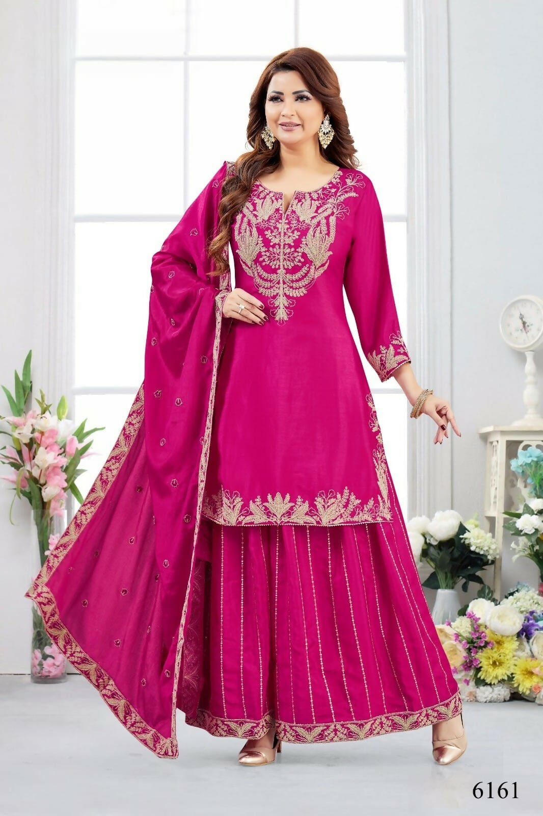 Rani Color Chinon Kurta Set with Dupatta - Elegant 3-Piece Suit
