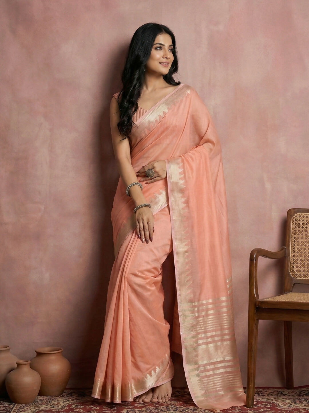 Soft peach cotton saree with matching blouse fabric