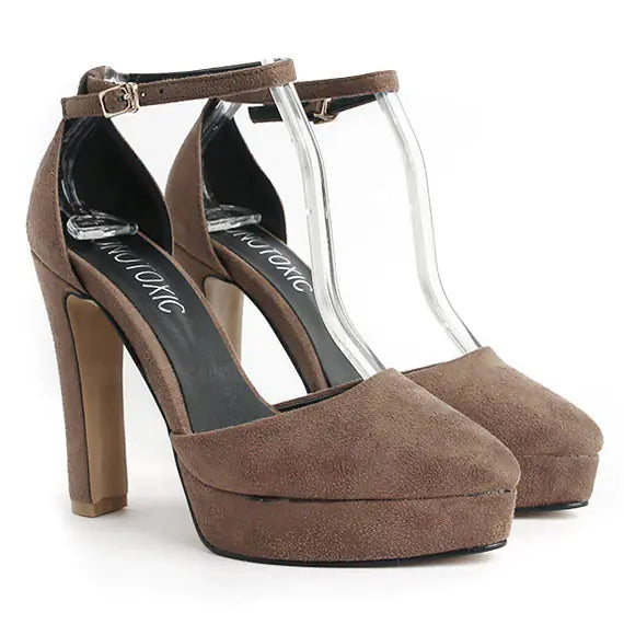 Women's Wine Suede Chunky Heels with Ankle Strap - Image 3