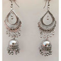 Long Afghani style silver oxidized brass jhumka earrings with pearl tassels