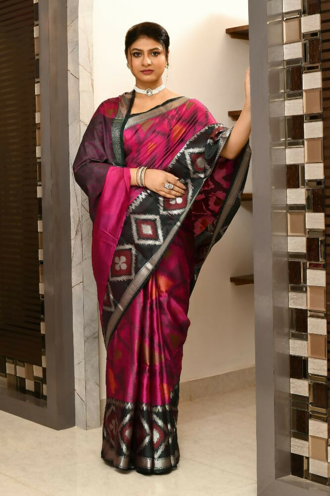 Black & Pink Kataan Ikkat Saree with Woven Details
