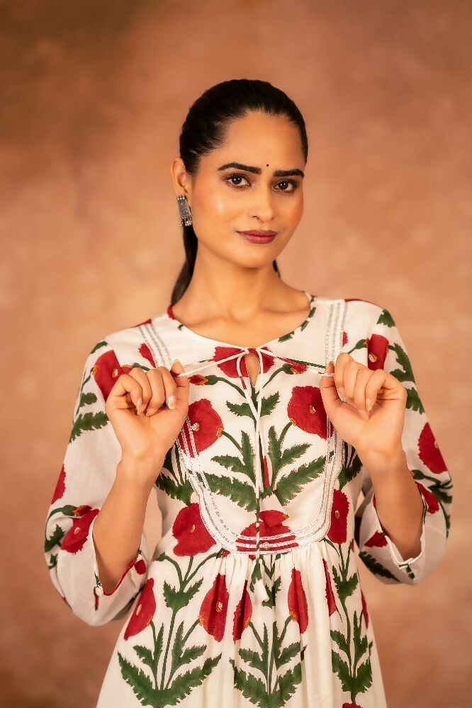 Red Rose Floral Hand Block Printed Cotton Kurta Pant Set
