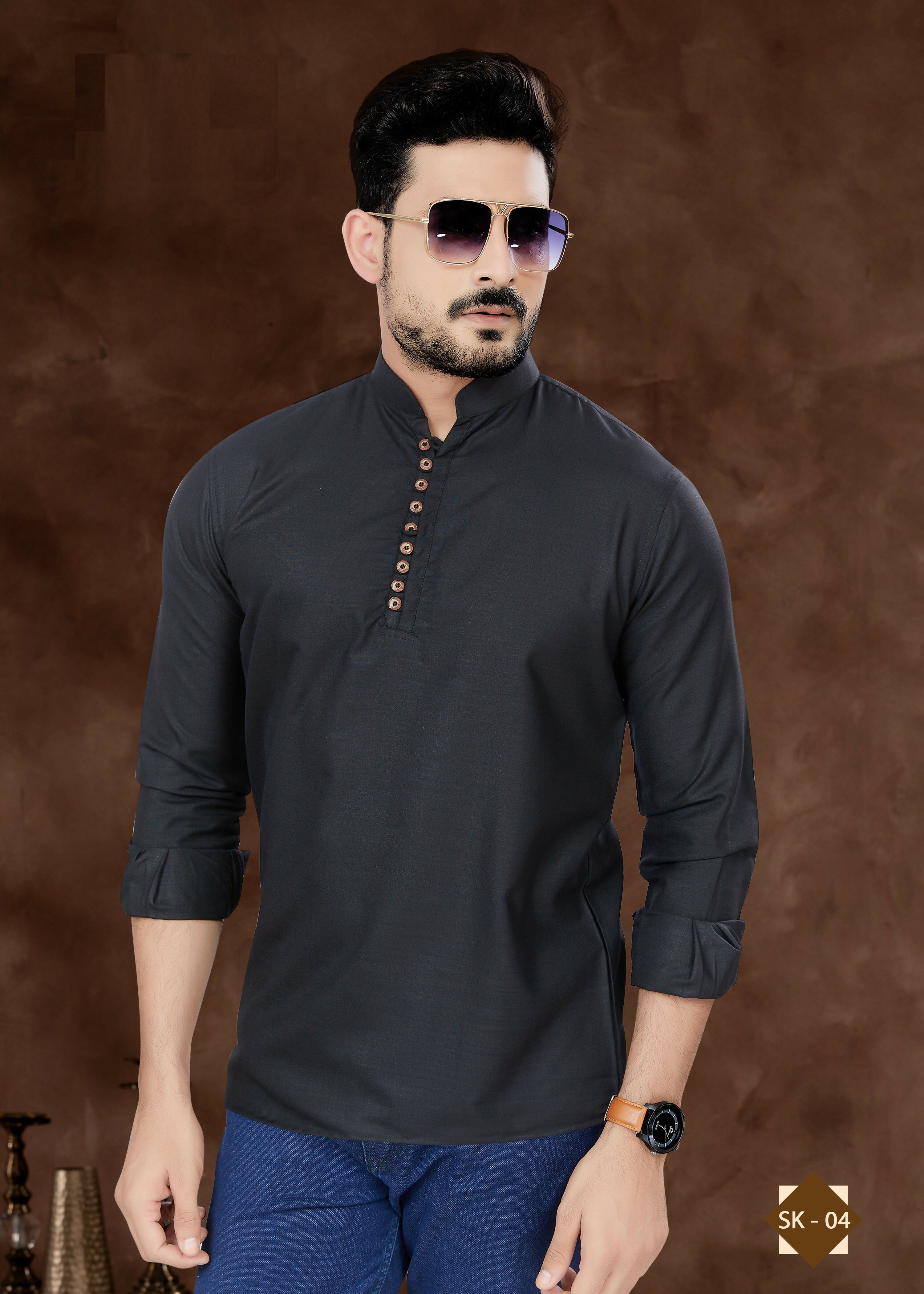 Men's Black Plain Short Kurta in Pure Cotton - Classic Ethnic Fit