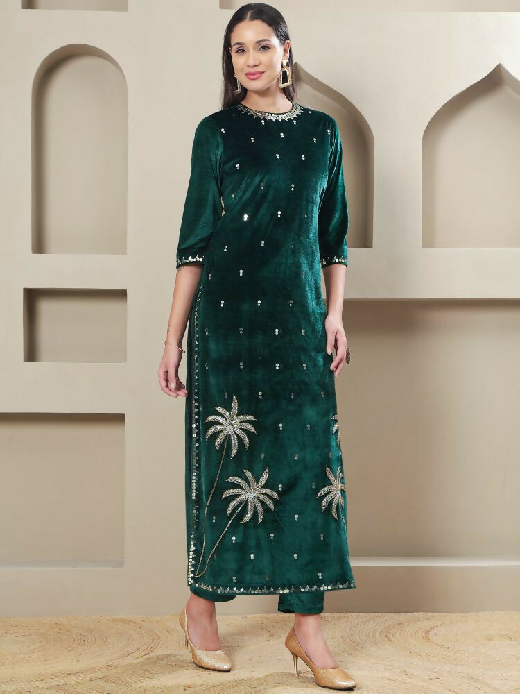 Women's Green Velvet Hand Embellishment Stitched Kurta Pant Set