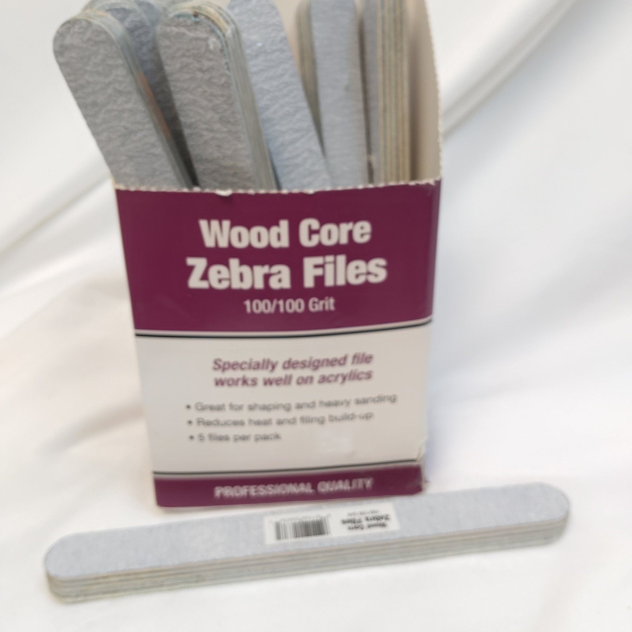 Set of five grey and white professional wood core zebra files for nail shaping and sanding