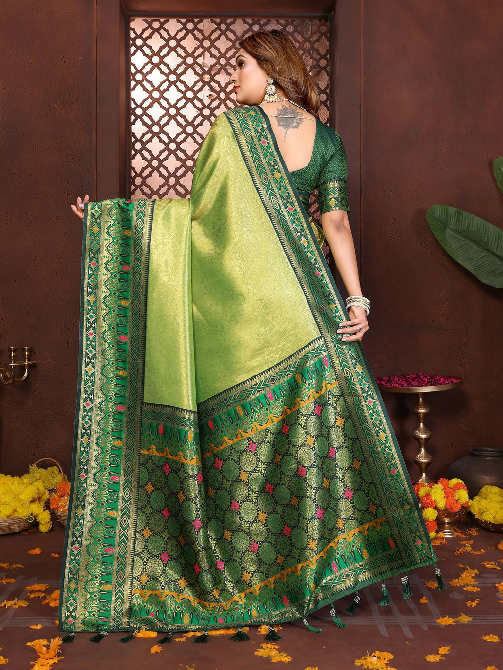 Pista Tissue Silk Weaving Saree with Matching Blouse