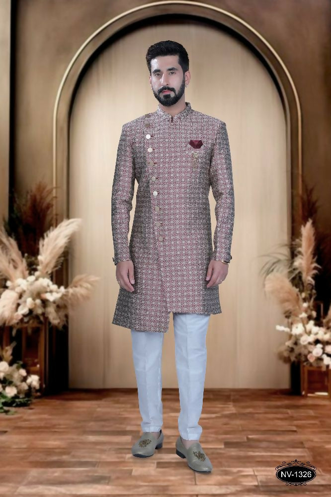 Red brocade ethnic kurta for boys with white pyjama bottom