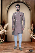 Red brocade ethnic kurta for boys with white pyjama bottom
