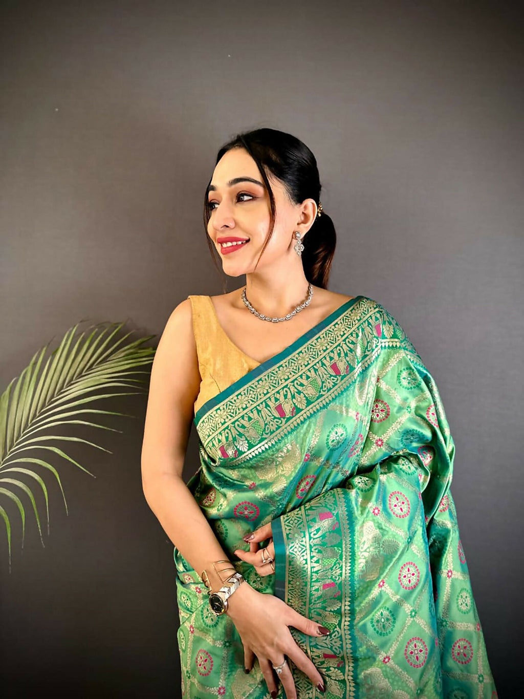 Bottle Green Butti Motifs Soft Silk Patola Saree