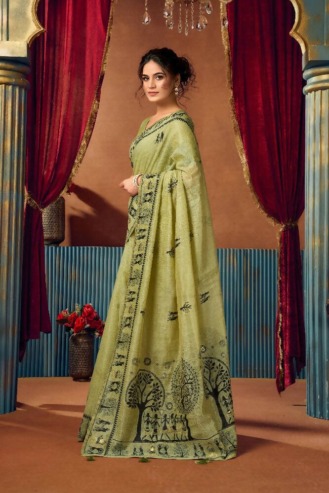 Green Modal Saree with Zari Woven Border and Blouse Piece