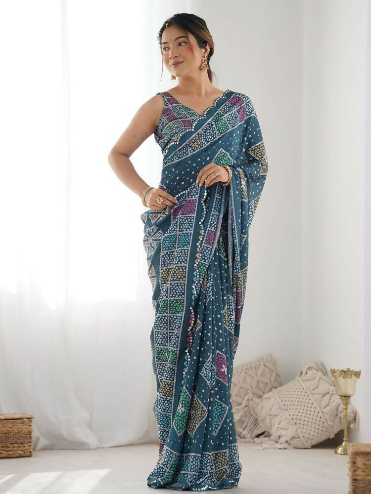 Teal Georgette Digital Print Mirror Work Saree