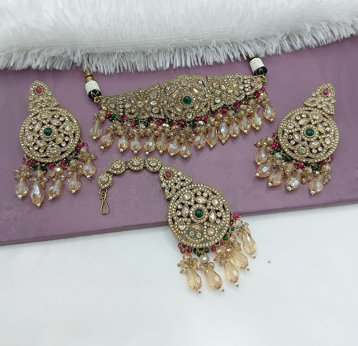 Multi-color alloy choker necklace set featuring intricate ethnic design