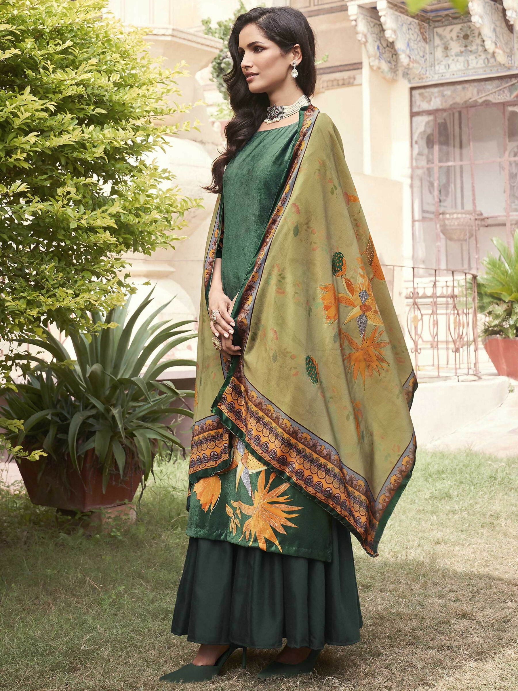 Green Velvet Floral Digital Printed A-Line Kurta Set with Palazzo