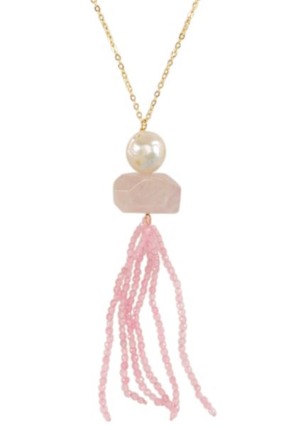 A 39-inch gold-tone chain necklace with a large freshwater pearl, a pink quartzite stone, and a long pink beaded tassel.