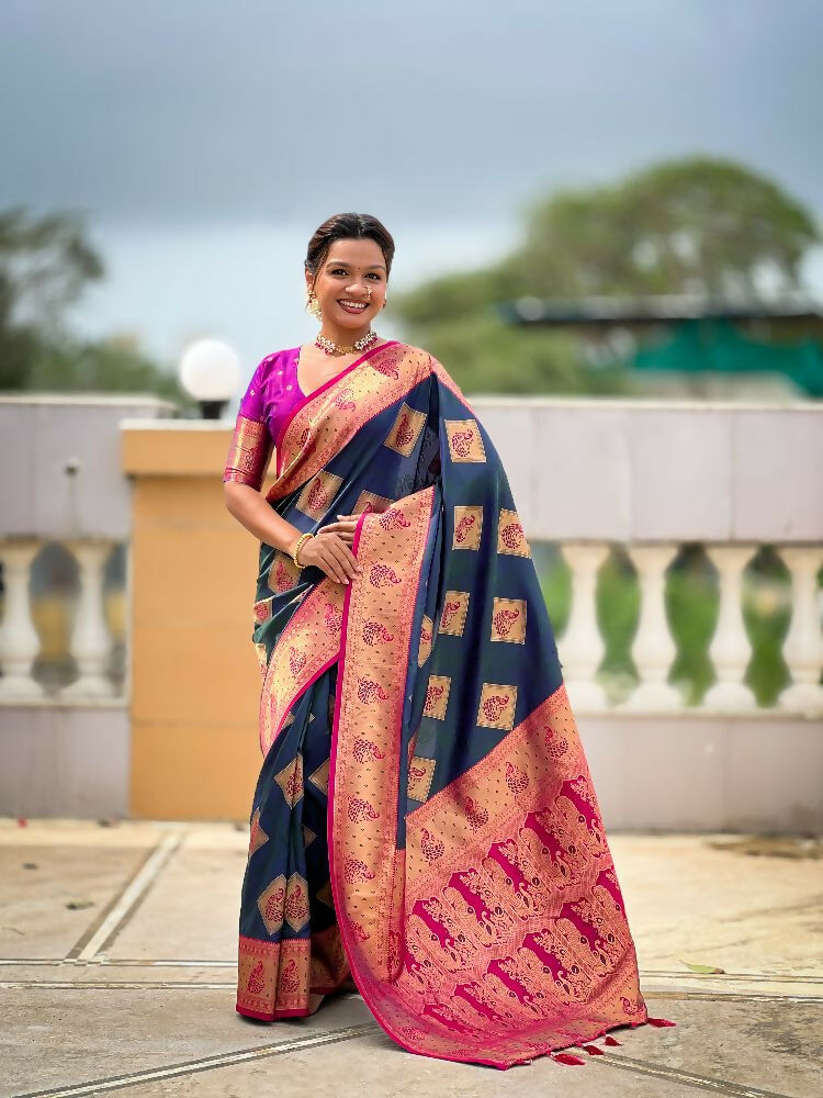 PR Fashion Morpich Soft Banarasi Silk With Zari Weaving Meenakari Design Saree