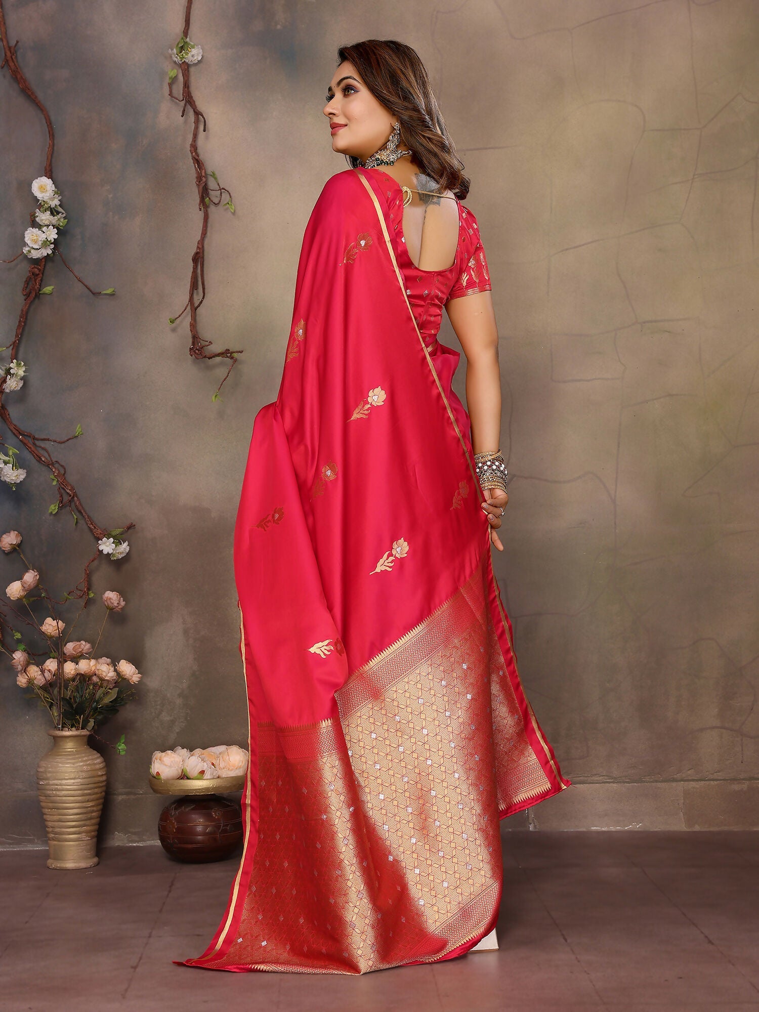 Brick Red Floral & Botanical Satin Silk Banarasi Saree