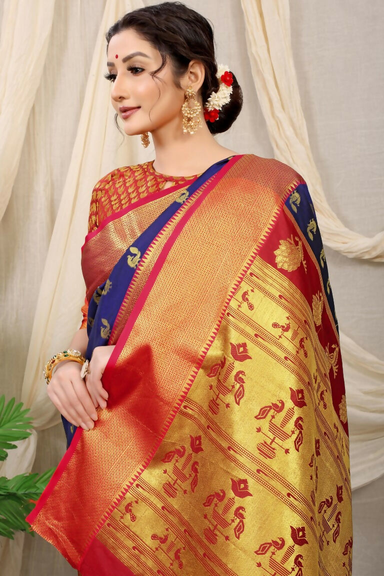Navy Blue Banarasi Silk Saree with Zari Woven Border and Red Blouse