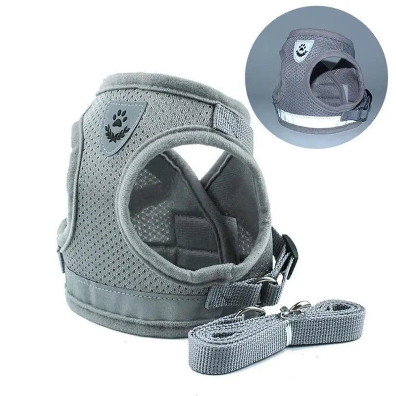 Small dog harness and leash set with reflective mesh and no-pull design