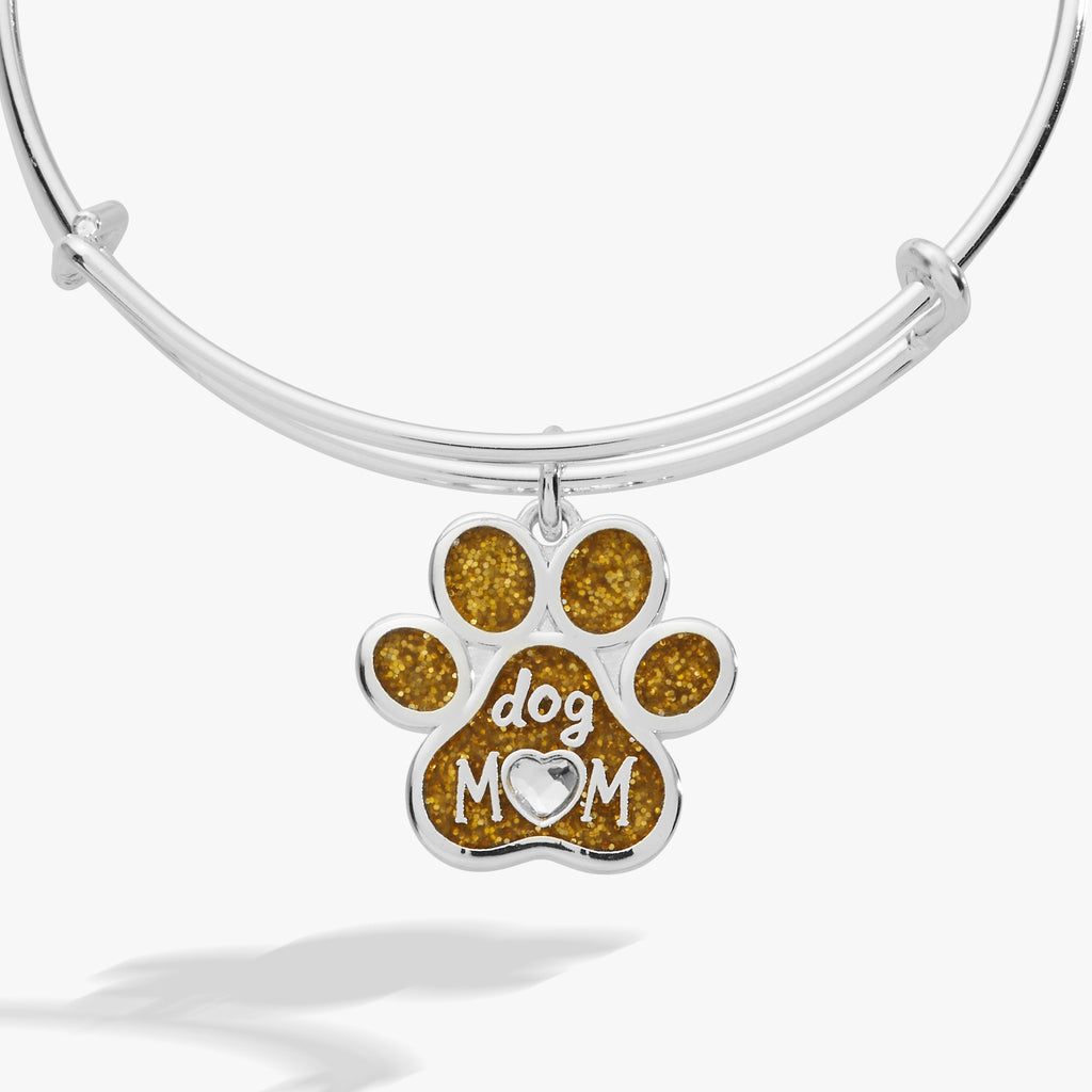 Dog Mom Charm Bangle with Gold Glitter Enamel and Crystal Heart