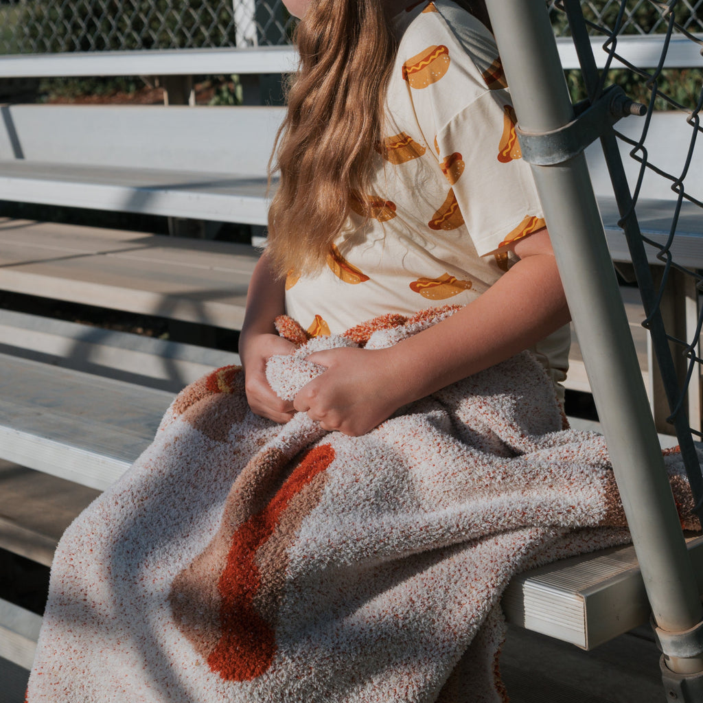 Playful Hot Dog Print Knit Throw Blanket in Cream and Multi