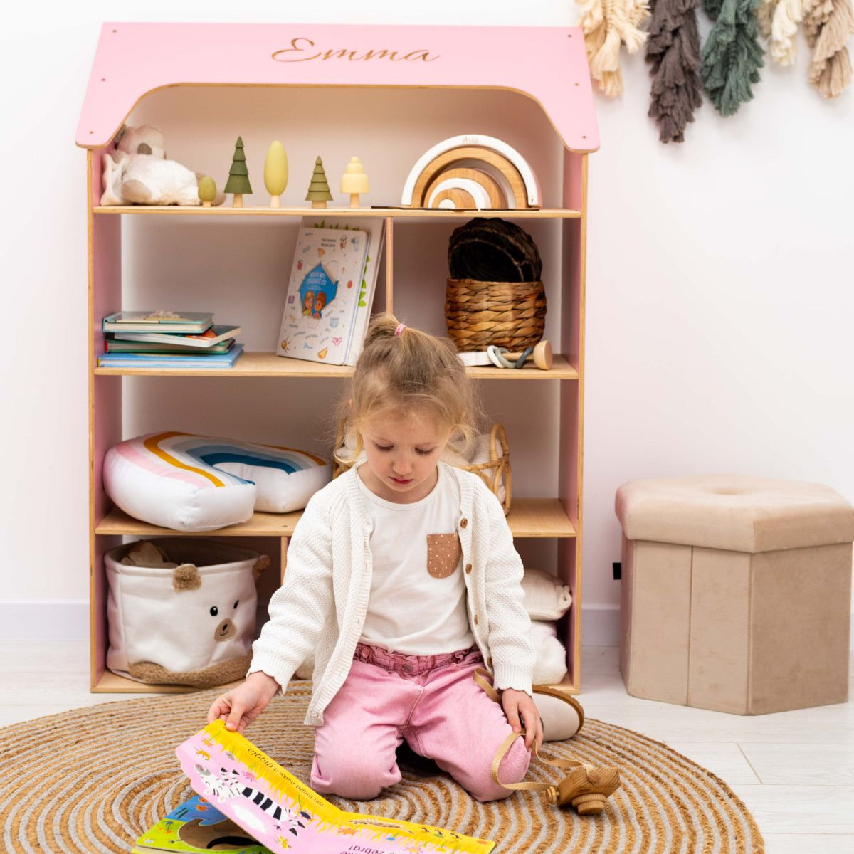 Pink Dollhouse Bookcase for Kids - Montessori Inspired Storage