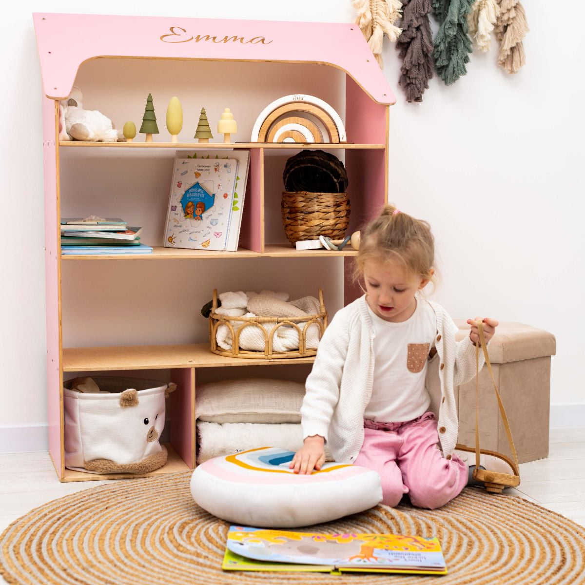 Pink Dollhouse Bookcase for Kids - Montessori Inspired Storage
