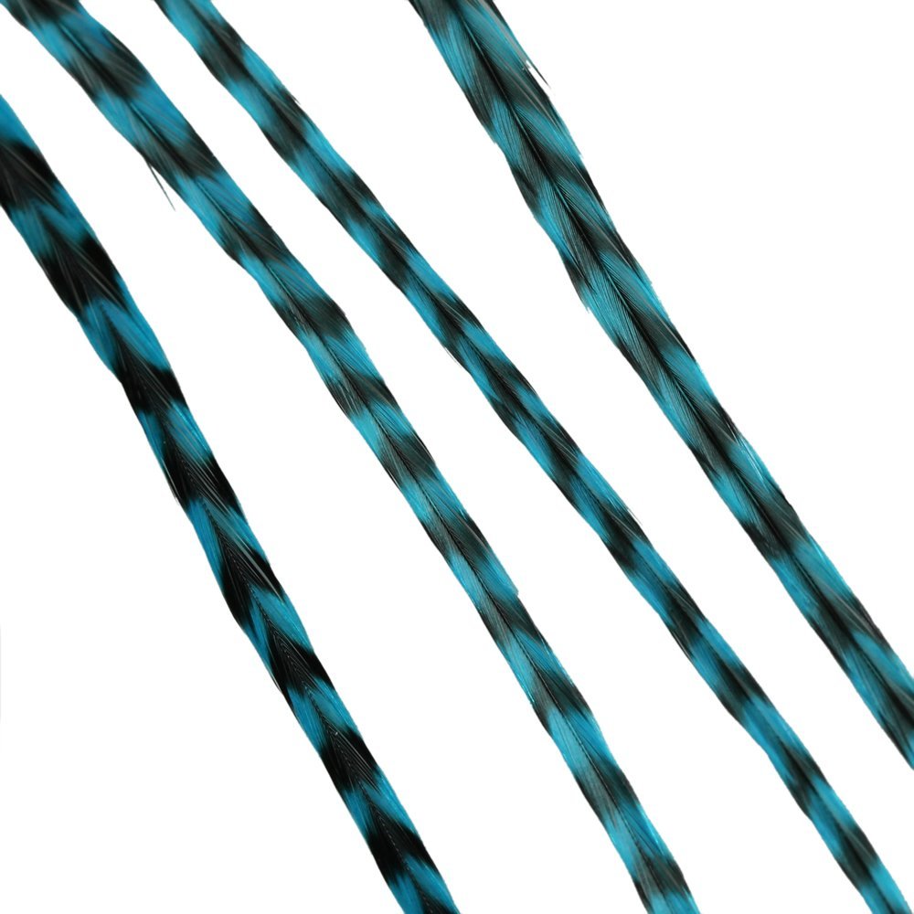 Close up of turquoise striped feather hair extension for women