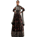 Arfa Fashion House floor-length black georgette gown with vibrant red floral print and gold sequence embroidery.
