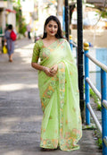 Green pure linen saree with pencil stitch embroidery