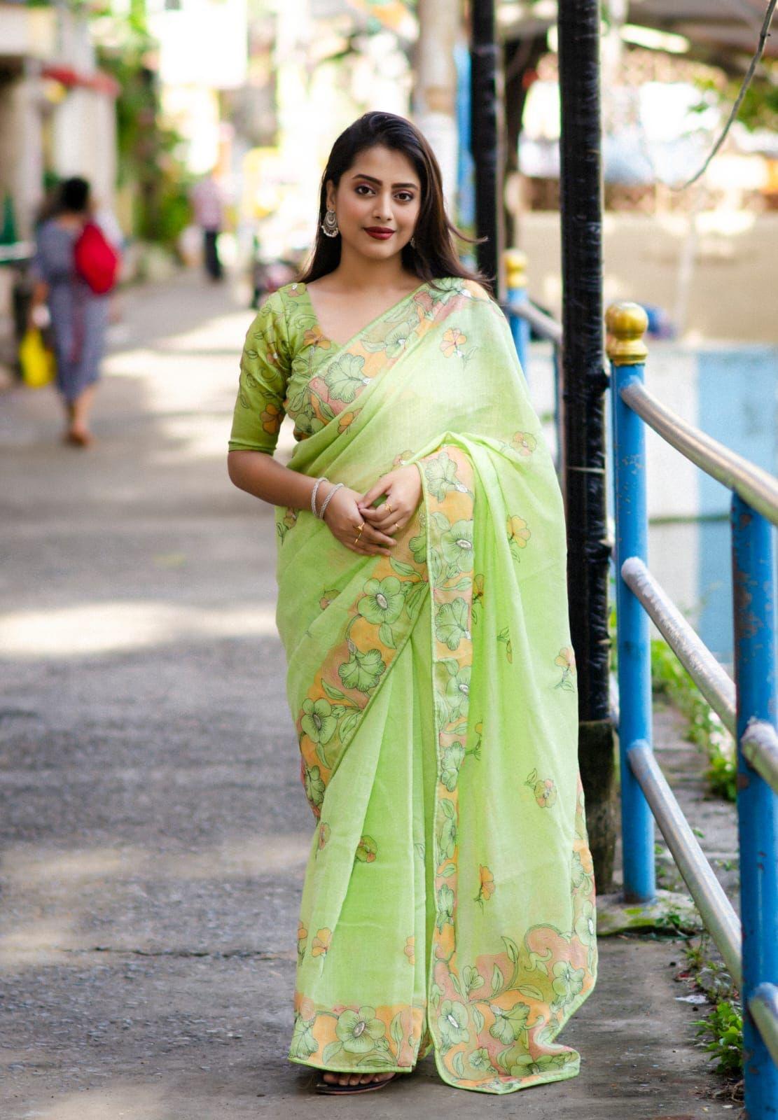 Green pure linen saree with pencil stitch embroidery