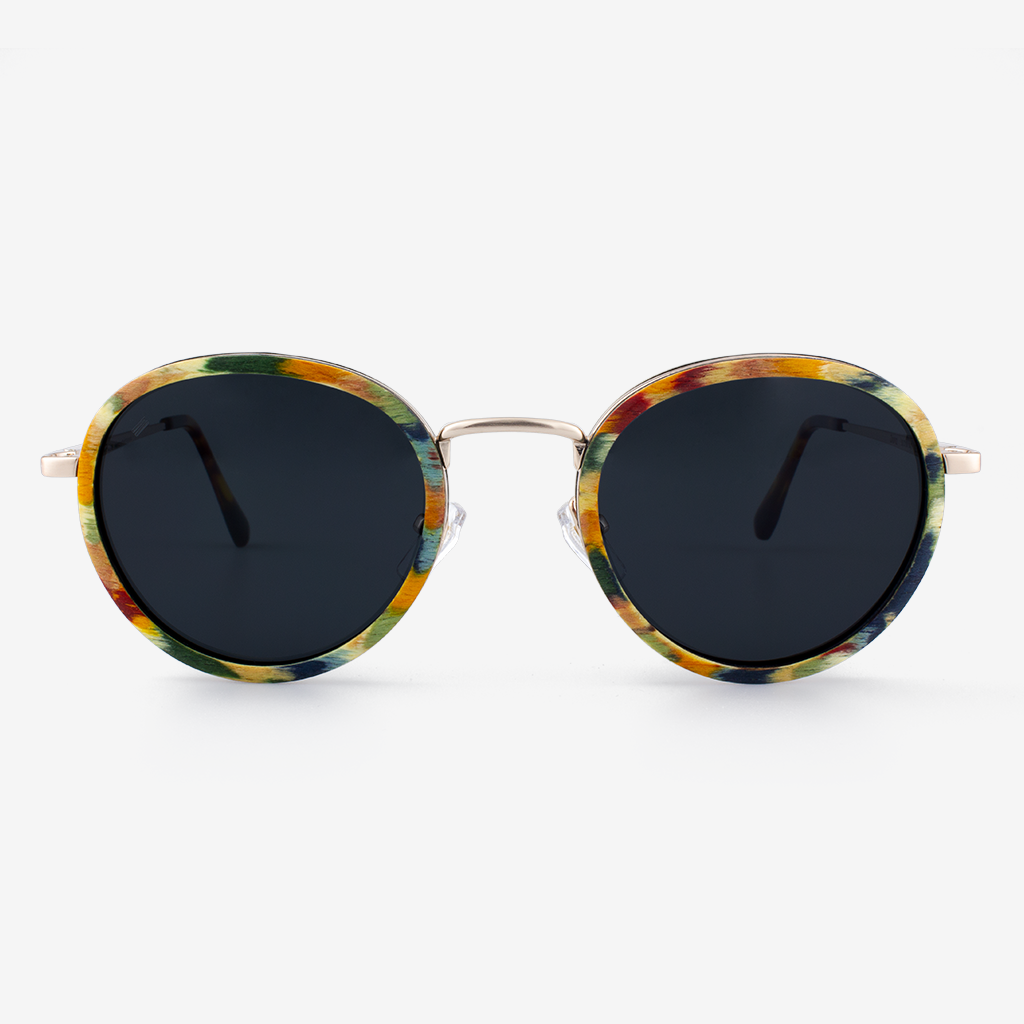 Dora round sunglasses with camo-patterned wood frame and slender metal temples.