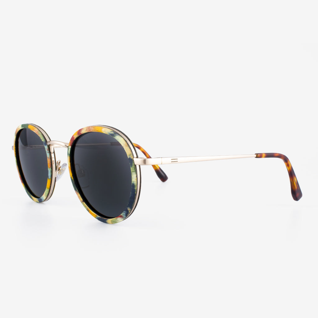 Dora Round Metal & Camo Wood Frame Sunglasses