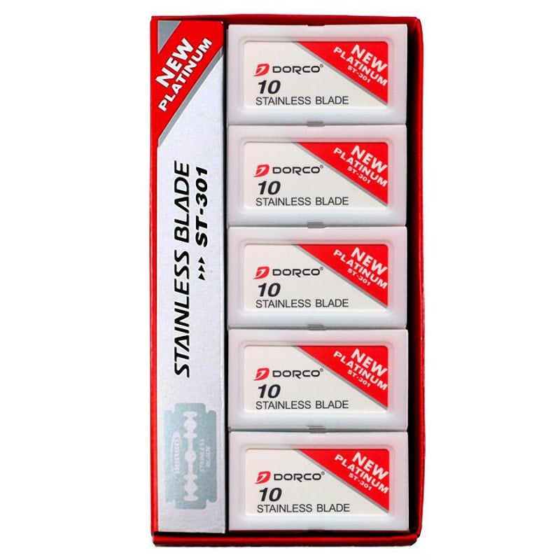 Pack of 10 Dorco Platinum stainless steel double edge razor blades in red and white packaging.