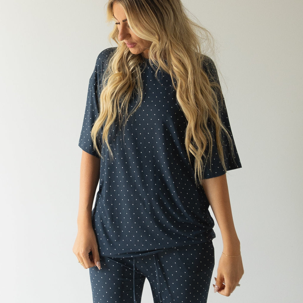 Women's Oversized Bamboo Lounge Set in Navy and White Polka Dot