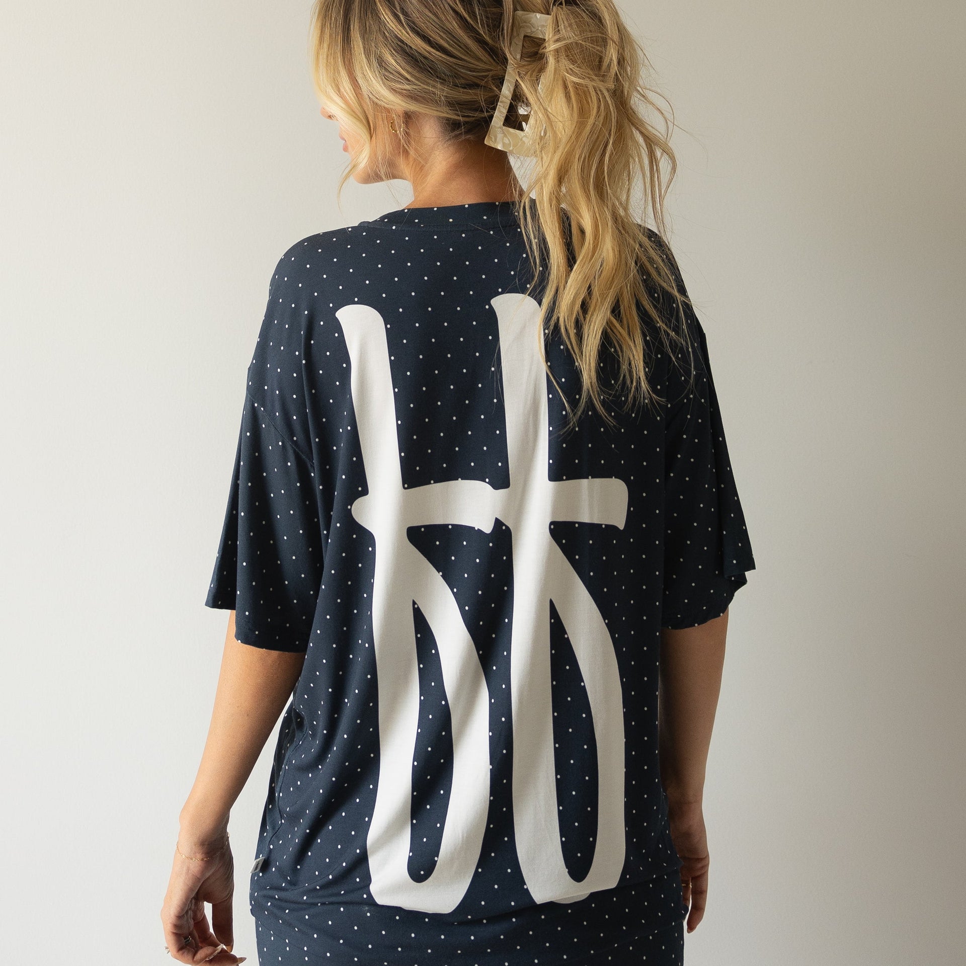 Women's Oversized Bamboo Lounge Set in Navy and White Polka Dot