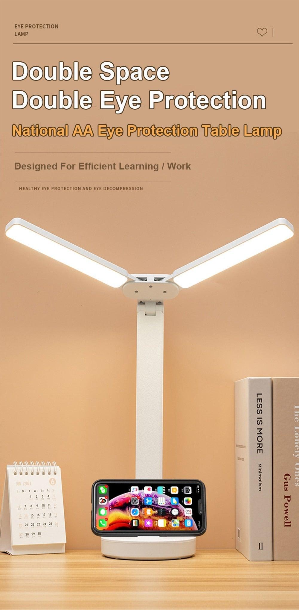 Double Head LED Foldable Desk Lamp with Phone Stand - Modern White