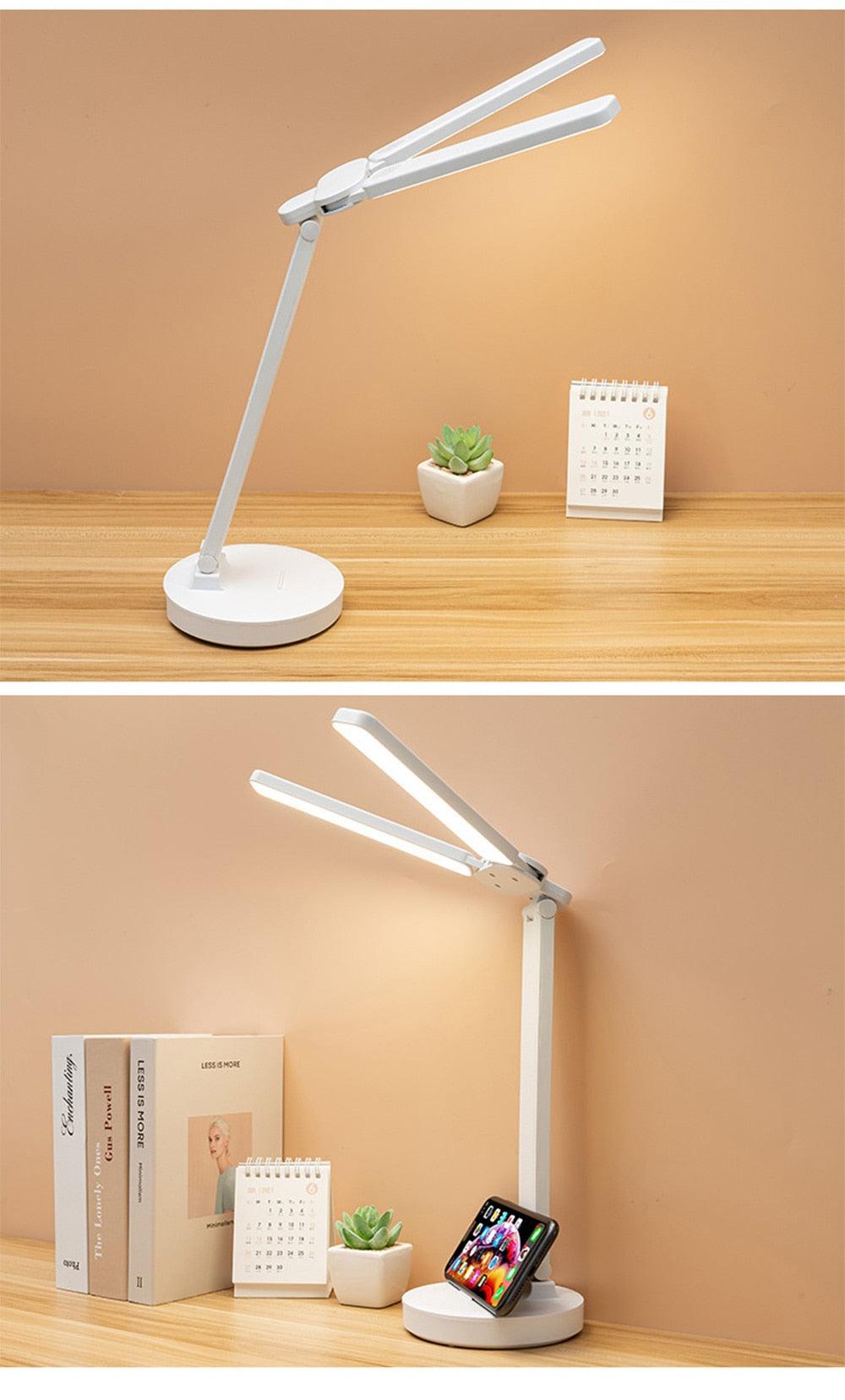 Double Head LED Foldable Desk Lamp with Phone Stand - Modern White