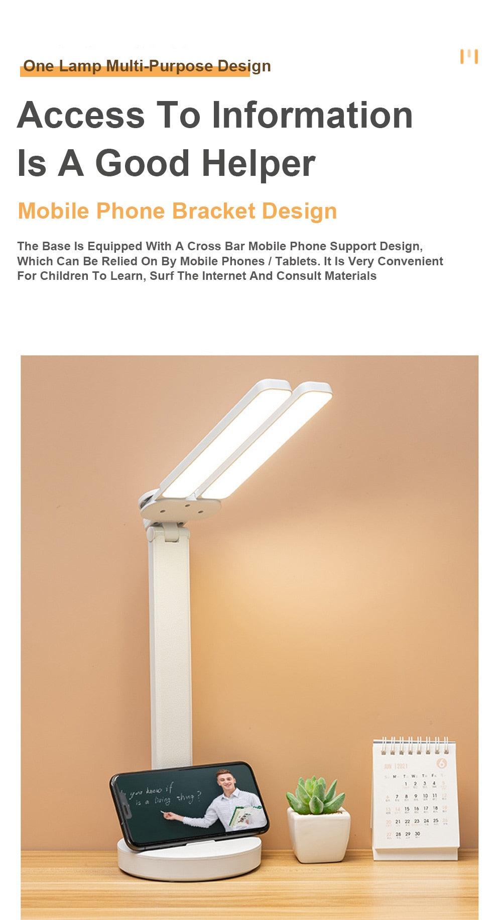 Double Head LED Foldable Desk Lamp with Phone Stand - Modern White