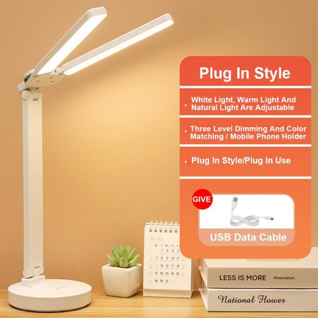Double Head LED Foldable Desk Lamp with Phone Stand - Modern White