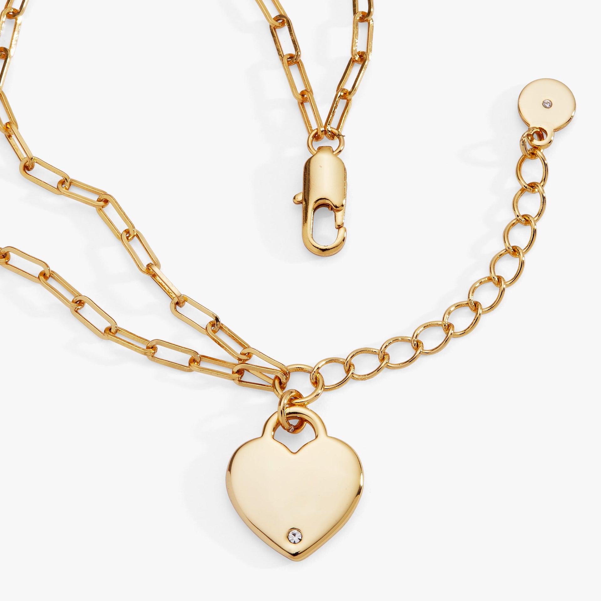 Heart Charm Double Paperclip Chain Bracelet in Gold, Silver, Rose-Gold