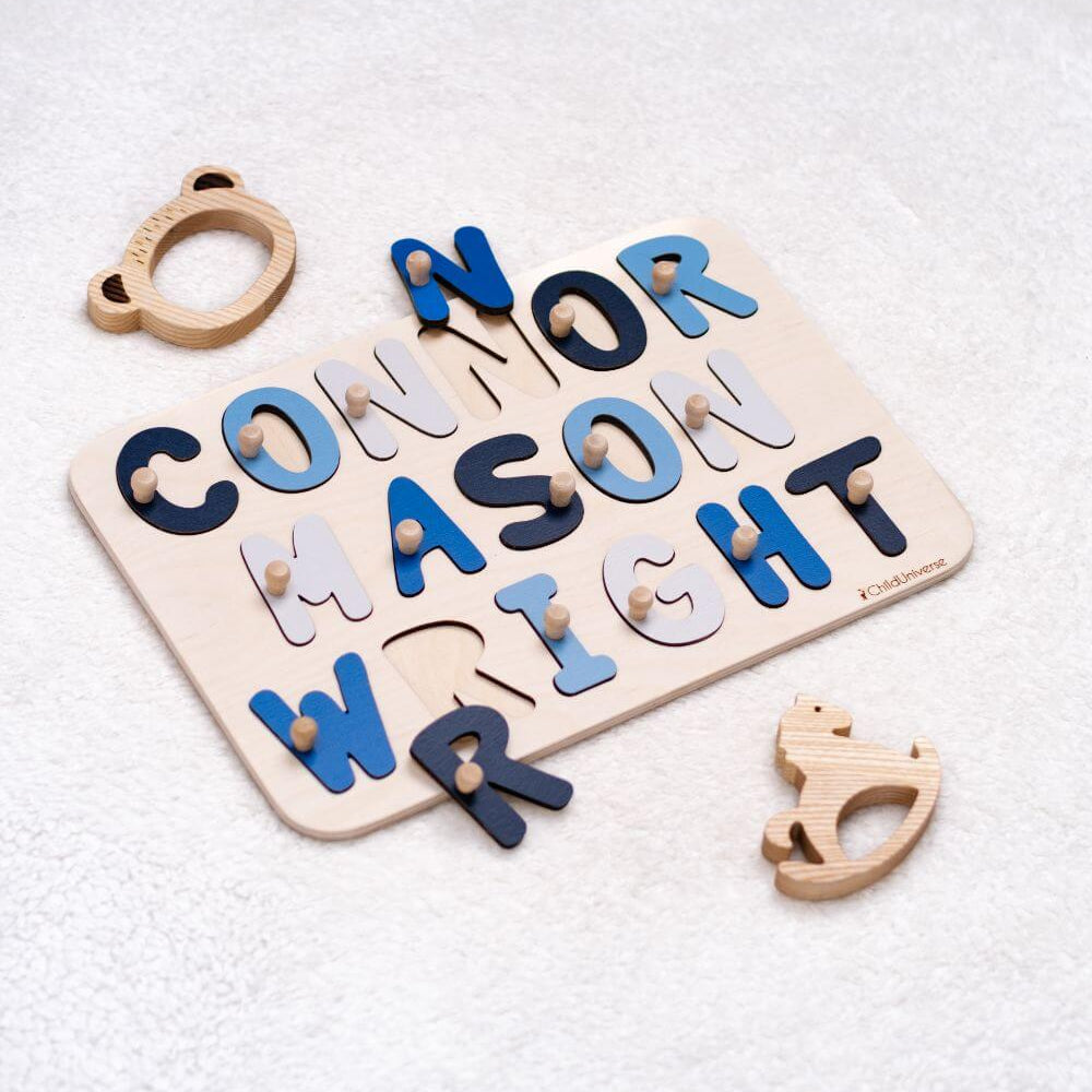Custom wooden double name puzzle with vibrant color letters for toddler learning.