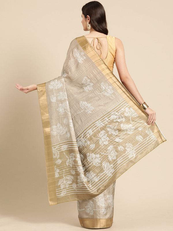 Beige Silk Blend Floral Digital Print Saree with Blouse Piece