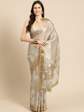 Beige silk blend saree with floral digital print and unstitched blouse piece