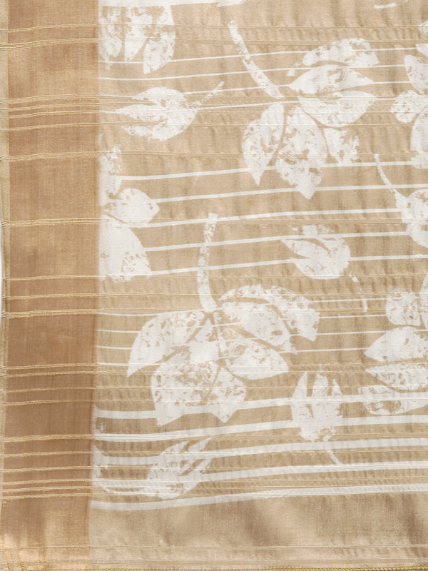 Beige Silk Blend Floral Digital Print Saree with Blouse Piece