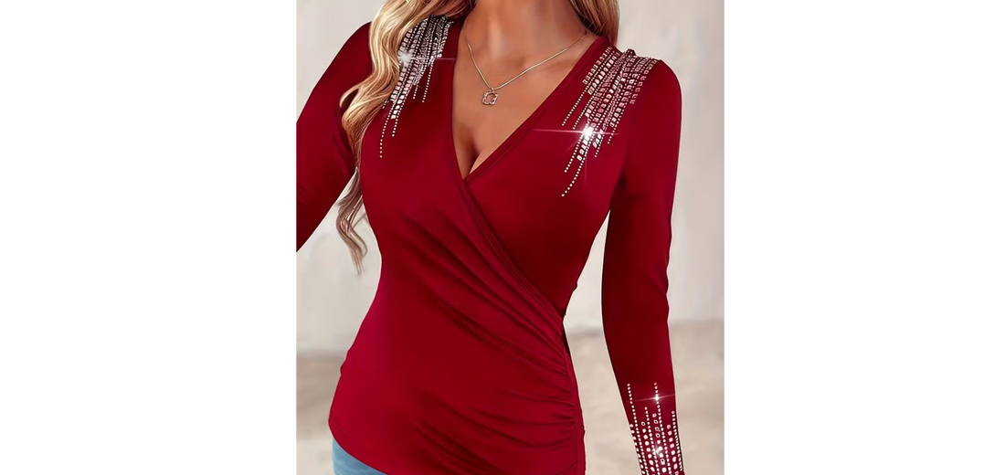 Women's V-Neck Long Sleeve Rhinestone Detail Knit Top in Red - Image 2