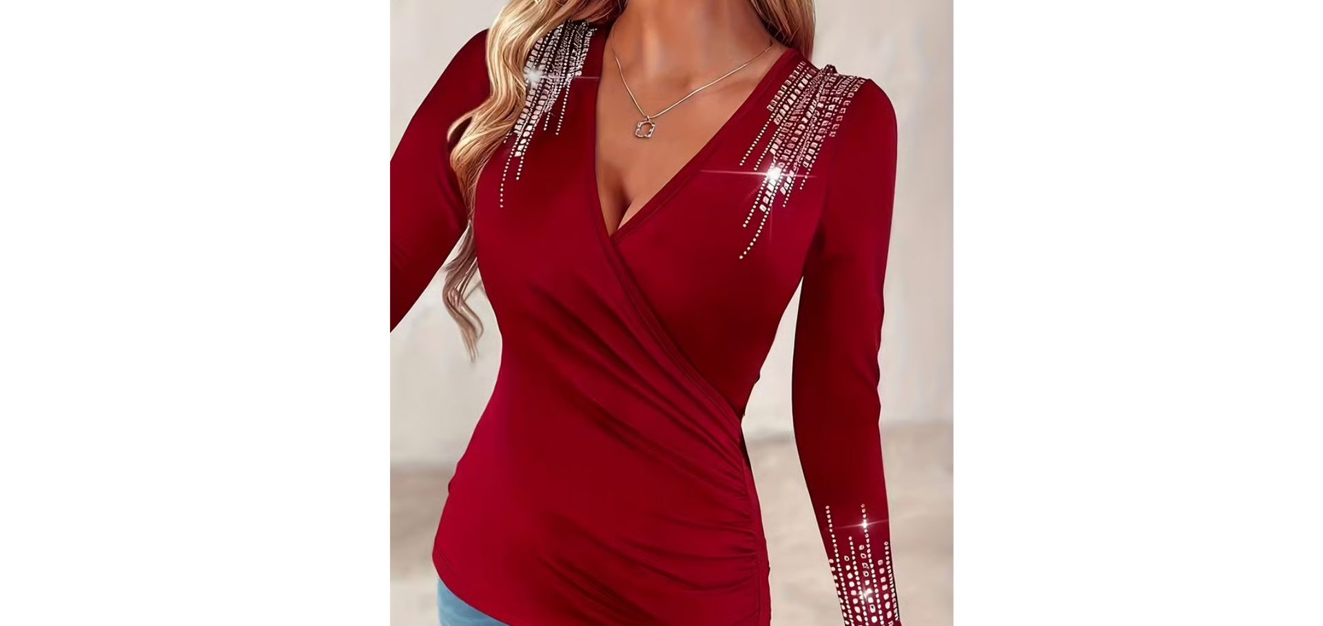 Women's V-Neck Long Sleeve Rhinestone Detail Knit Top in Red - Image 2